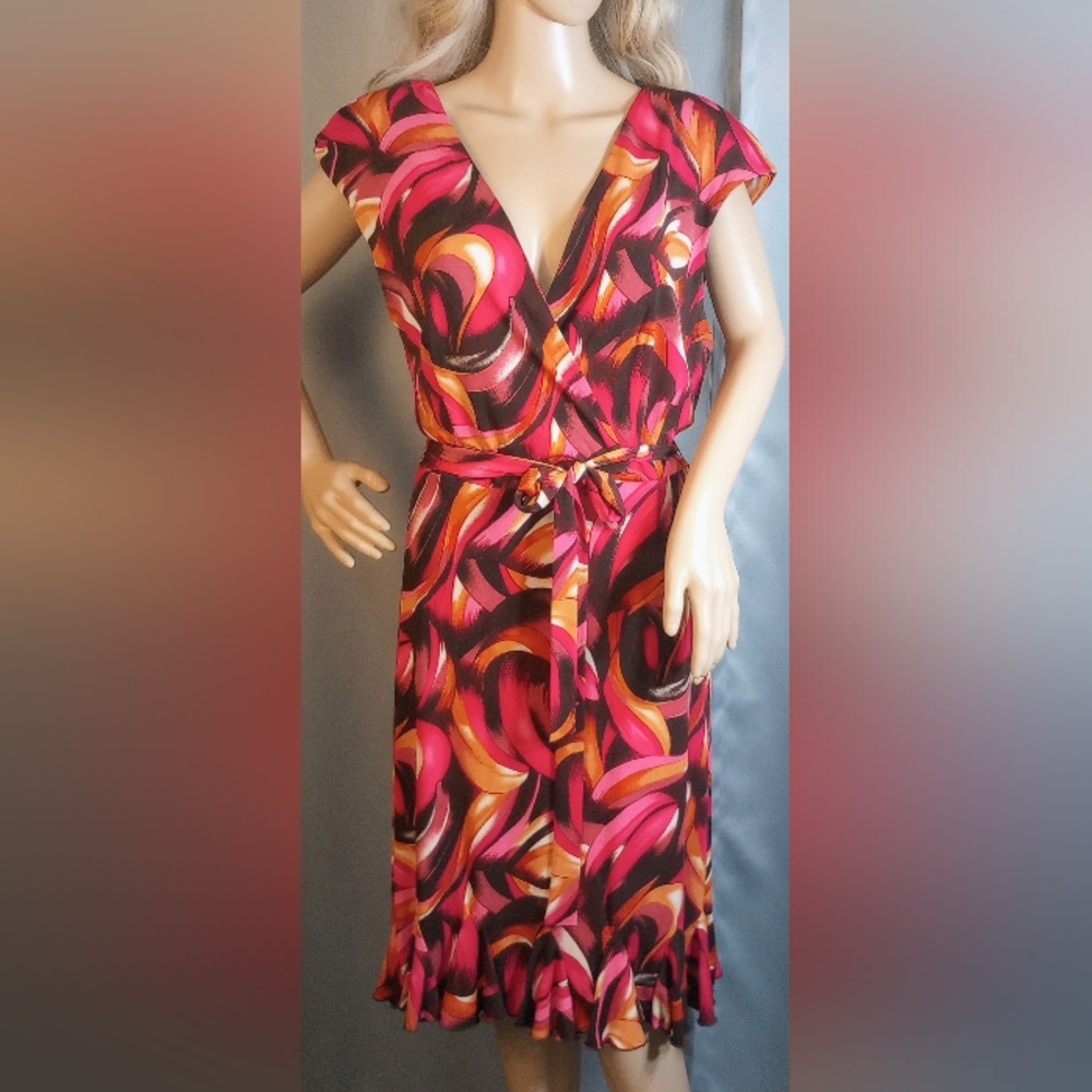 Glamour colorful faux wrap belted midi stretch dress, size 12